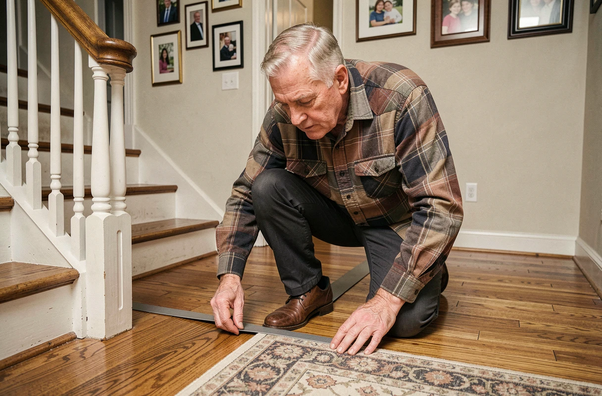 Homme senior fixant un tapis antidérapant dans le couloir pour réduire les risques de chutes à domicile