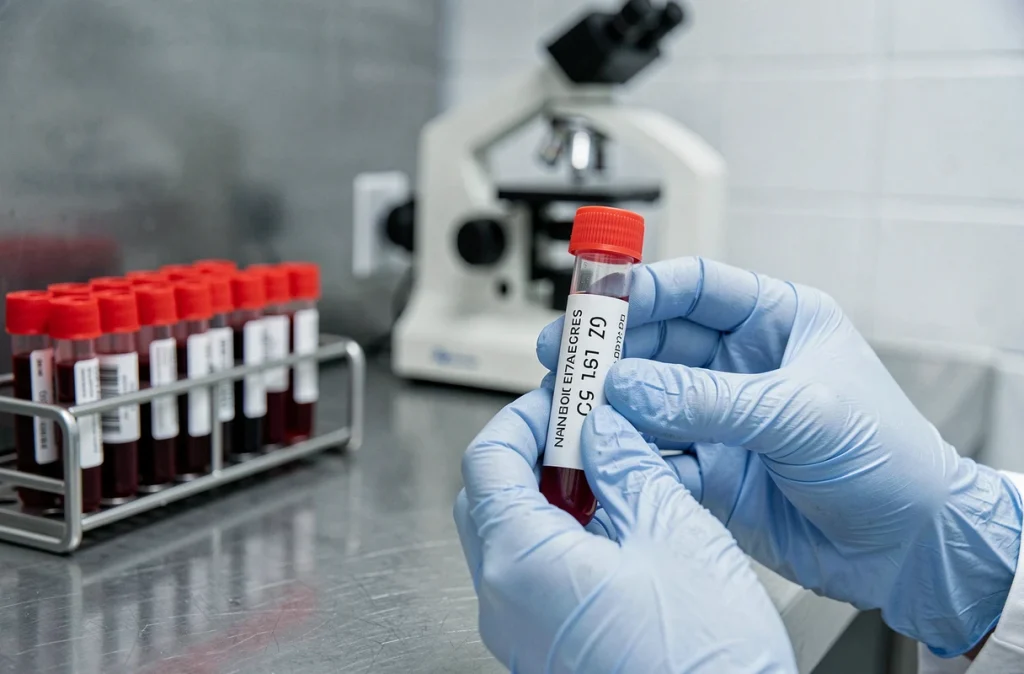 Tube de prélèvement sanguin tenu par un technicien de laboratoire médical