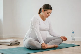 Femme enceinte pratiquant le yoga prénatal sur un tapis à domicile, exercice doux pendant la grossesse