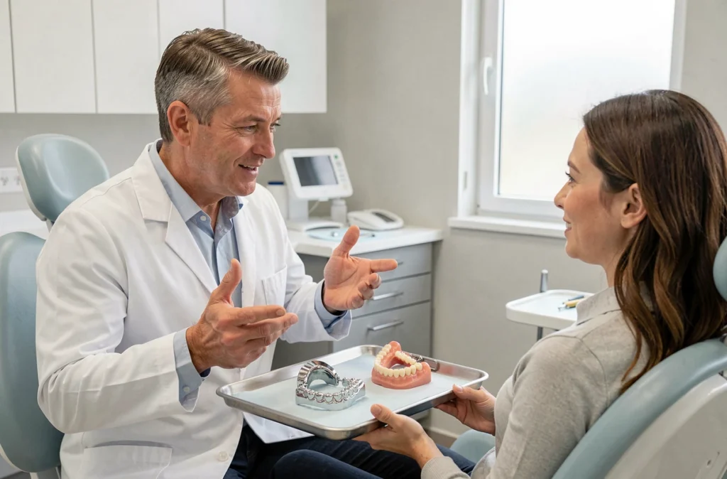 Dentiste comparant deux types de crochets prothèse dentaire métal et esthétique avec un patient en cabinet