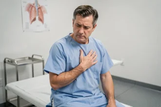 Homme d'âge mûr tenant sa main sur la poitrine dans une salle d'examen médical, illustrant la douleur thoracique liée aux côtes déplacées ou à un infarctus