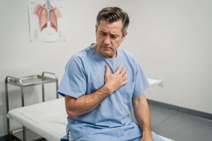 Homme d'âge mûr tenant sa main sur la poitrine dans une salle d'examen médical, illustrant la douleur thoracique liée aux côtes déplacées ou à un infarctus