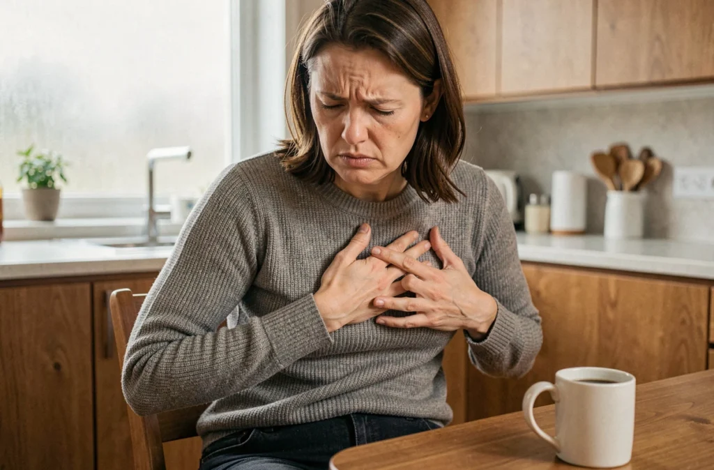 Femme ressentant une douleur aux côtes dans sa cuisine, illustrant les symptômes pouvant distinguer une côte déplacée d'un problème cardiaque