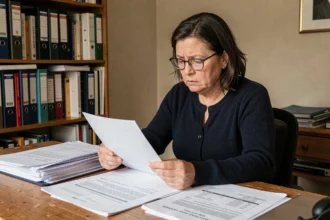 Femme de 50 ans lisant un courrier de refus MDPH invalidité 2ème catégorie à son bureau à domicile