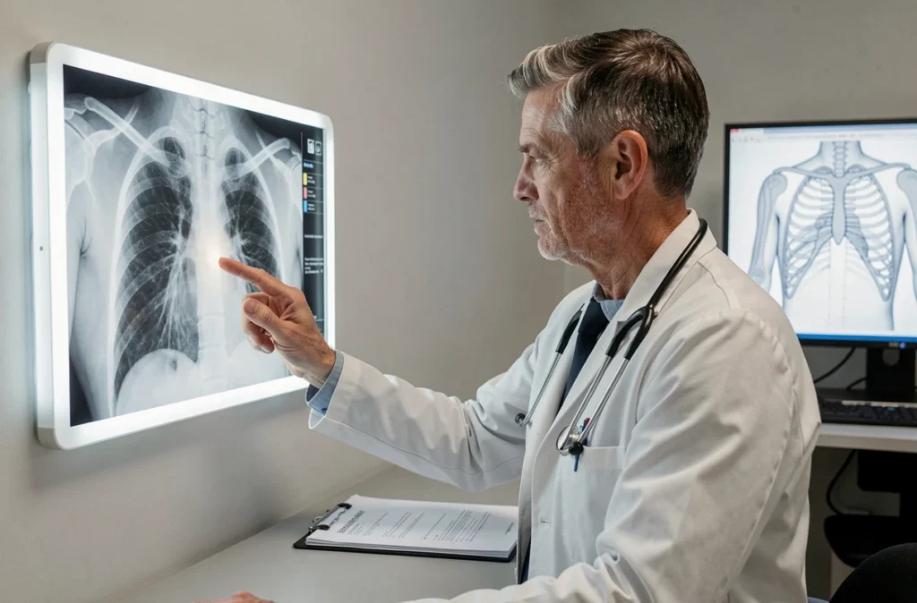 Médecin examinant une radiographie thoracique pour diagnostiquer une côte déplacée ou des signes d'infarctus, dans une salle de radiologie