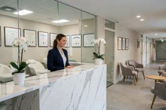 Réception moderne d'une clinique de chirurgie esthétique dans les Hauts-de-France avec personnel accueillant