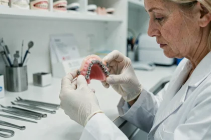 Prothésiste dentaire tenant une prothèse partielle avec crochets métalliques dans un laboratoire dentaire moderne