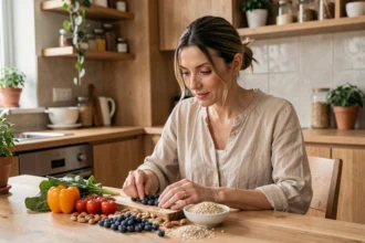 Femme étudiant des aliments sains riches en nutriments bénéfiques pour le cerveau et les hippocampes, posés sur une table en bois dans une cuisine moderne