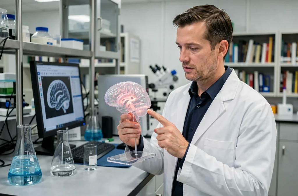 Chercheur en neurosciences tenant un modèle anatomique du cerveau humain et montrant la région de l'hippocampe dans un laboratoire universitaire