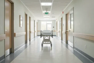 Couloir d'hôpital lumineux avec un brancard au loin