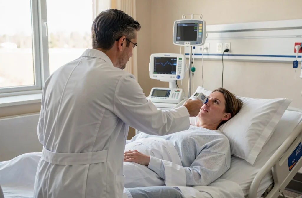 Médecin prenant la température d'un patient alité à l'hôpital