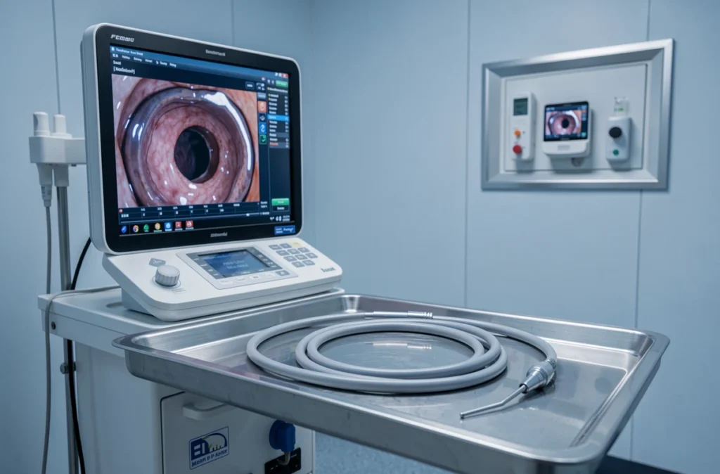 Salle d'endoscopie avec moniteur et endoscope sur un plateau stérile